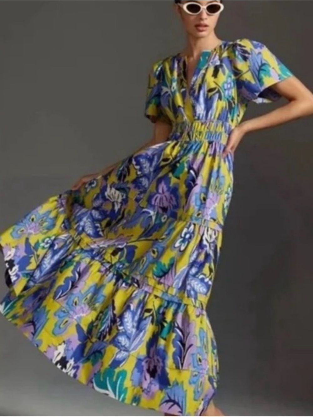 Anthropologie Yellow, Blue & Purple Floral Maxi Dress